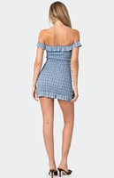 Edikted Off Shoulder Scrunched Plaid Mini Dress