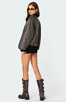 Edikted Vava Washed Faux Leather Bomber Jacket