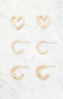 LA Hearts 3 Pack Heart Hoop Earrings