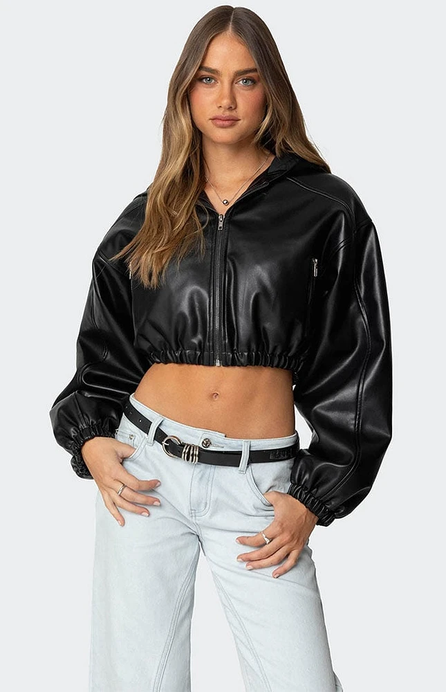 Edikted Hooded Faux Leather Cropped Jacket