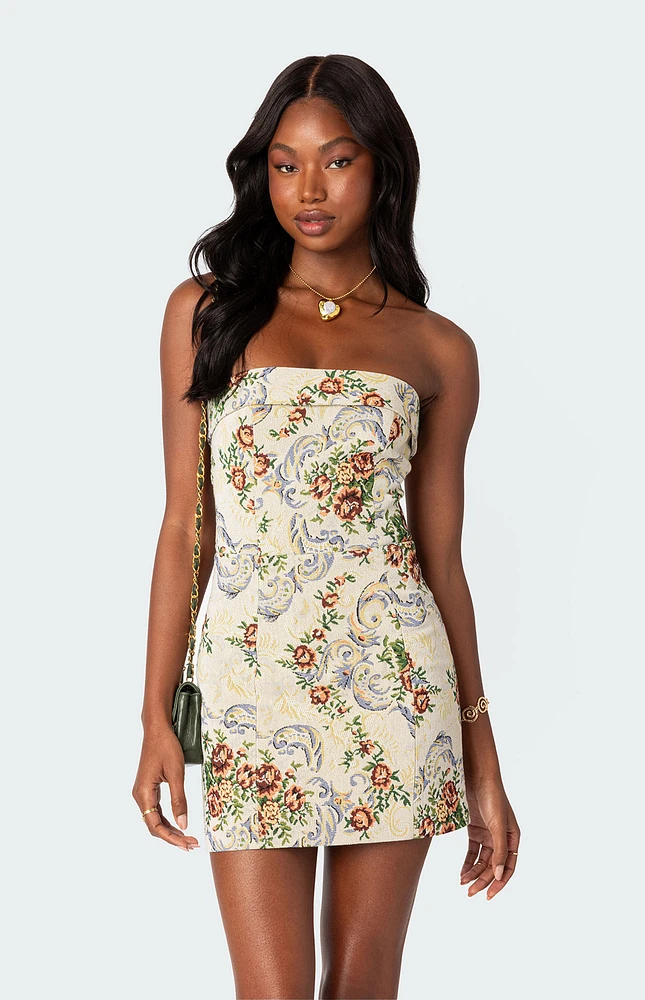 Floral Tapestry Lace Up Mini Dress