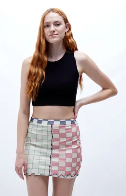 Daisy Street Mesh Checkered Mini Skirt