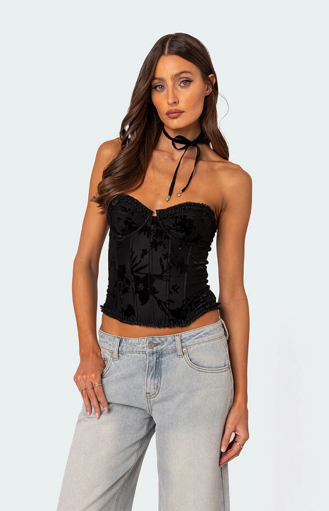 Edikted Marine Velvet Embroidered Corset Top