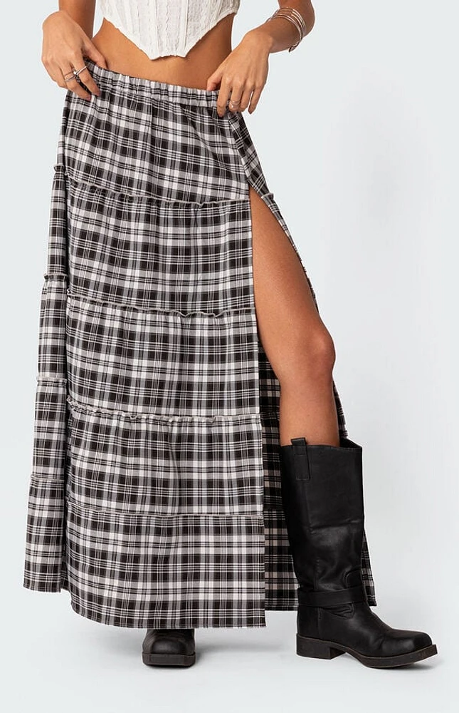 Edikted Plaid Side Slit Tiered Maxi Skirt