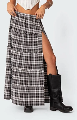 Edikted Plaid Side Slit Tiered Maxi Skirt