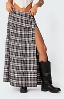 Edikted Plaid Side Slit Tiered Maxi Skirt
