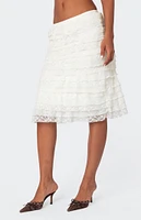 Edikted Louise Lace and Mesh Ruffle Midi Skirt