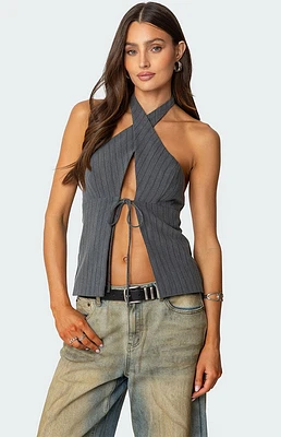 Edikted Split Front Pinstripe Halter Top