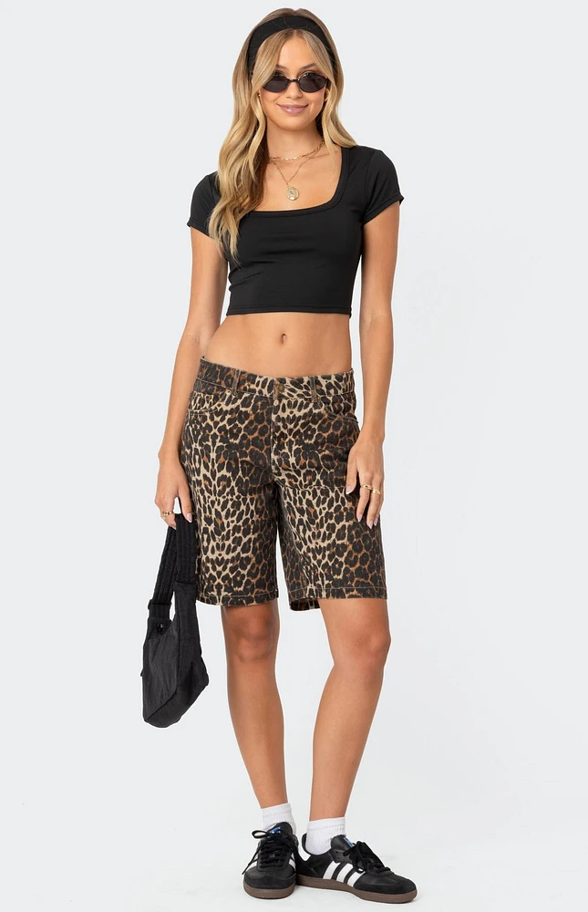 Edikted Leopard Low Rise Denim Bermuda Shorts