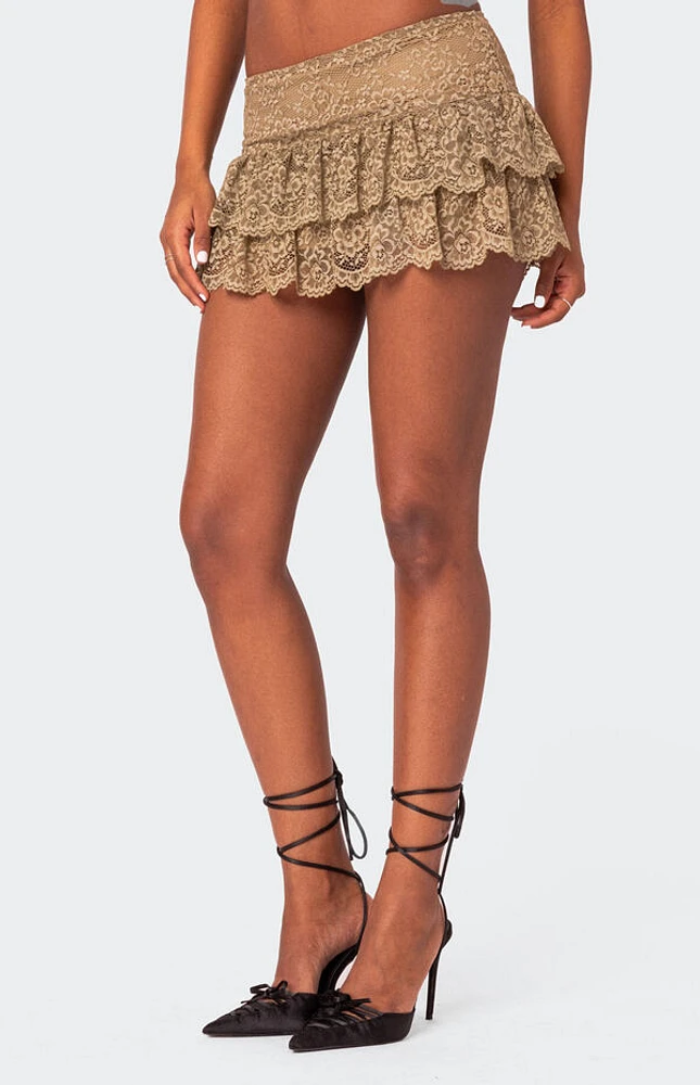 Edikted Ruffle Sheer Lace Low Rise Mini Skirt