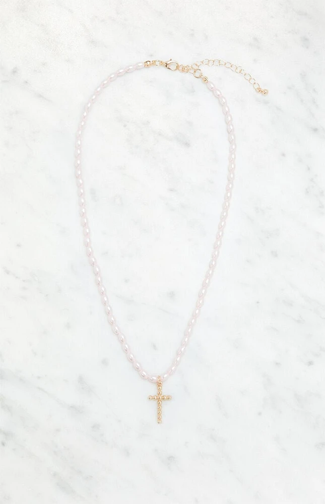 LA Hearts Pearl Cross Necklace
