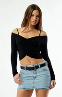 LA Hearts Off-The-Shoulder Wrap Long Sleeve Sweater