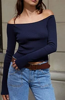 Navy Mayson Off-The-Shoulder Long Sleeve Top