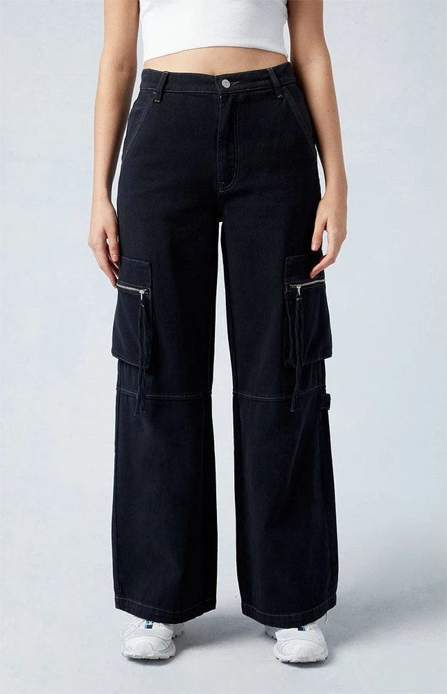 Black High Waisted Wide Leg Cargo Pants