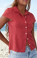 John Galt Red Rue Plaid Collared Top