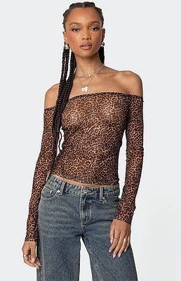 Edikted Leopard Sheer Mesh Off Shoulder Top