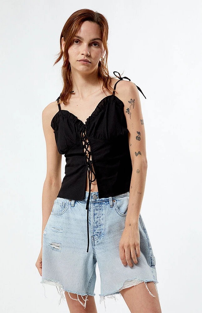 Daisy Street Linen Lace Up Ruched Top