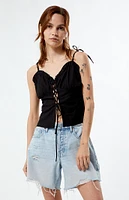 Daisy Street Linen Lace Up Ruched Top