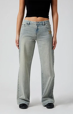Pacsun Casey Camo Star Low Rise Baggy Jeans Light Indigo