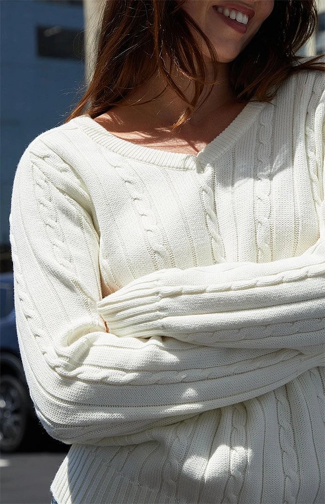 White Cable Knit V-Neck Sweater