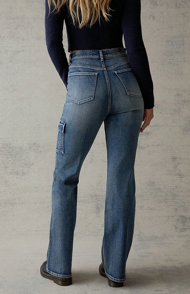 Dark Blue Cargo Stretch High Waisted Bootcut Jeans