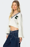 Edikted Collegiate Cropped Cable Knit Sweater