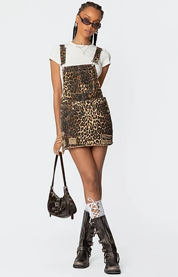 Edikted Leopard Denim Overall Mini Dress