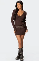 Edikted Ribbed Knit V Neck Mini Dress