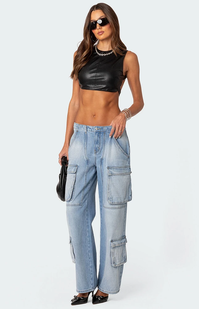 Edikted Porsha Open Back Faux Leather Crop Top