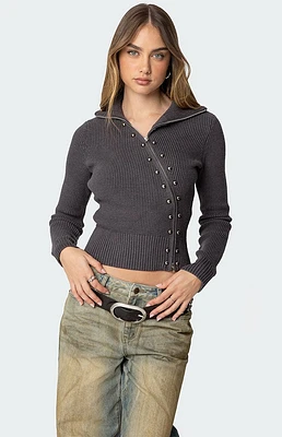 Edikted Ribbed Asymmetric Zip Up Cardigan