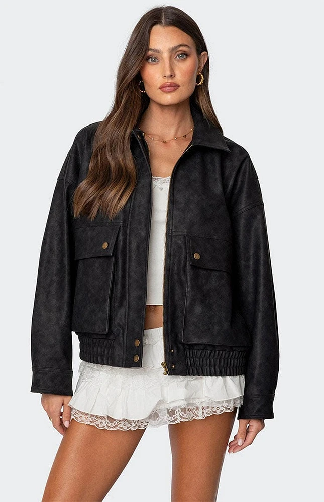 Edikted Cargo Faux Leather Bomber Jacket