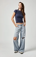Pacsun Casey Ripped Knee Low Rise Baggy Jeans Light Indigo