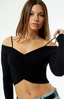 LA Hearts Off-The-Shoulder Wrap Long Sleeve Sweater