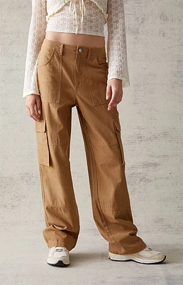 Brown Linen Straight Leg Cargo Pants