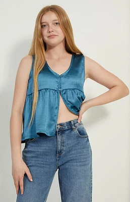 Pacsun Kids Slate Blue Satin Button Front Tank Top