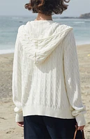 John Galt White Cable Knit Zip Up Hooded Sweater