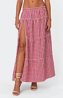 Edikted Gingham Side Slit Tiered Maxi Skirt