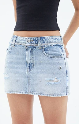 Pacsun Light Indigo Rhinestone Mid Rise Denim Mini Skirt