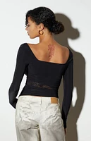 LA Hearts Square Neck Lace Cutout Long Sleeve Top