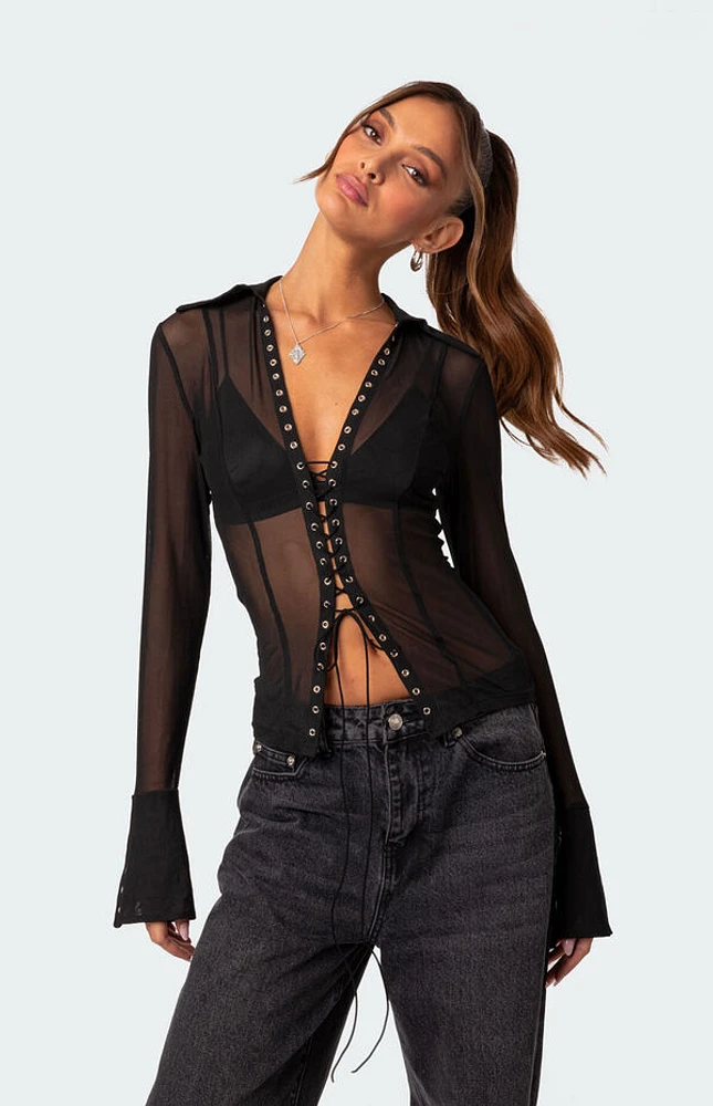 Edikted Lace Up Sheer Mesh Top