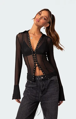 Lace Up Sheer Mesh Top