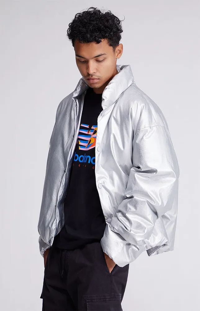 Silver Oversized Pleather Puffer Jacket