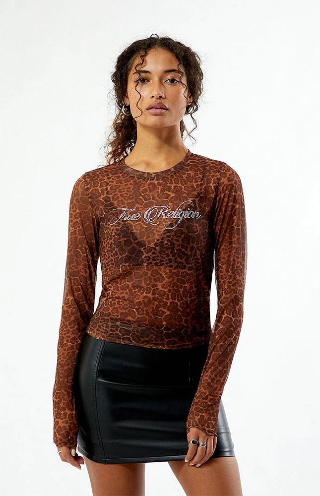 True Religion Leopard Rhinestone Mesh Long Sleeve Top