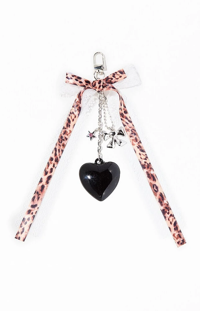 LA Hearts Leopard Lace Black Heart Bag Charm Keychain