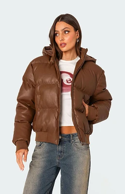 Edikted Wintry Faux Leather Hooded Puffer Jacket