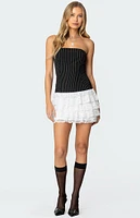 Edikted Strapless Pinstripe Ruffle Skirt Mini Dress