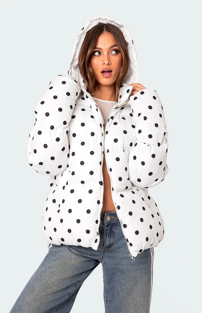 Edikted Marcey Polka Dot Hooded Puffer Jacket