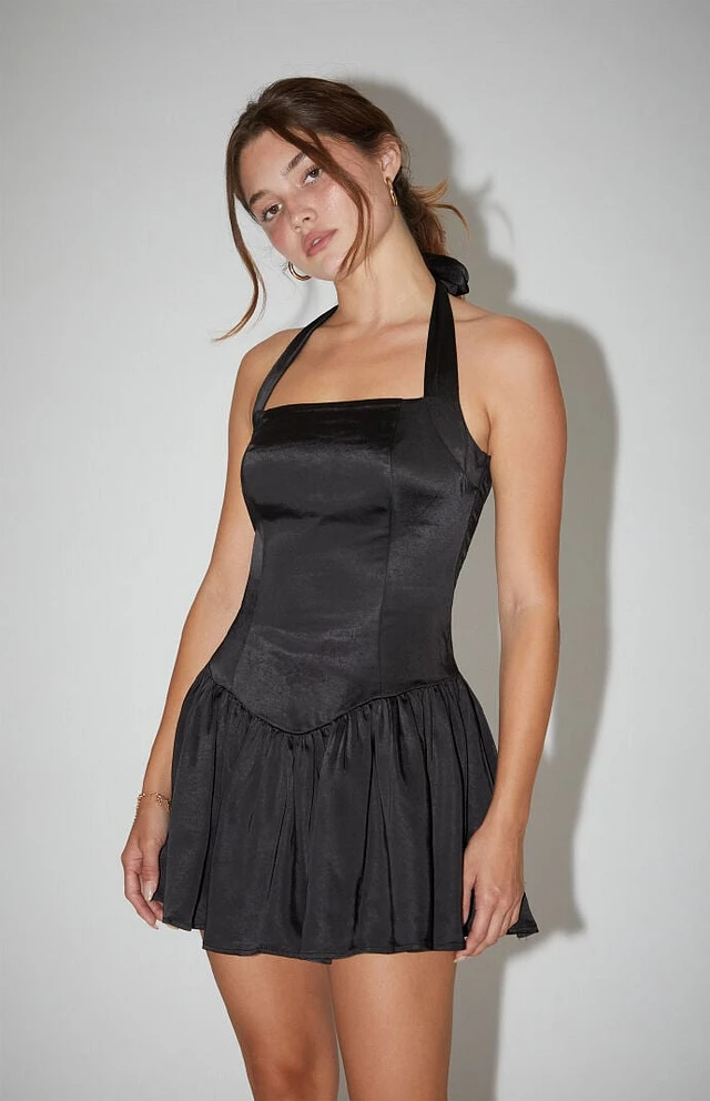 Beverly and Beck Satin Halter Drop Waist Mini Dress | Liberty Center