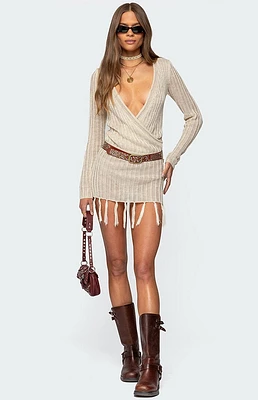Edikted Tassel Knit Wrap Mini Dress