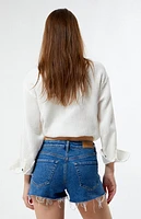 Pacsun Eco Stretch Dark Indigo Frayed High Waisted Denim Festival Shorts